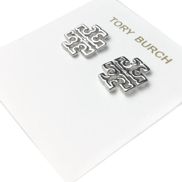 Tory Burch Britten Logo Silver Stud Earrings NWQT - Picture 5 of 8